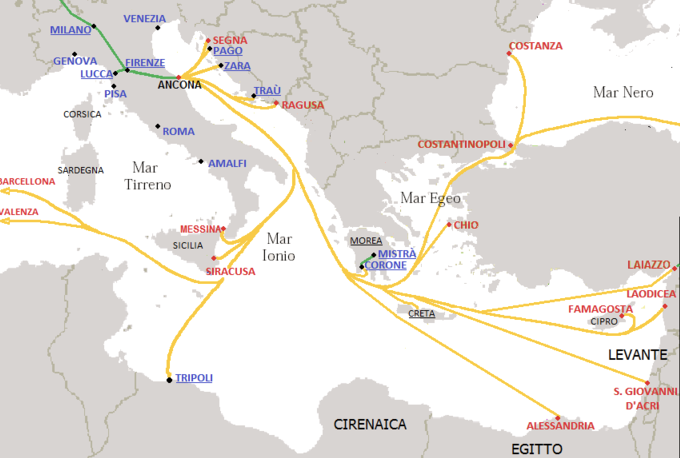 Roman Empire map showing Mediterranean trade routes to Italian regions in the Middle Ages