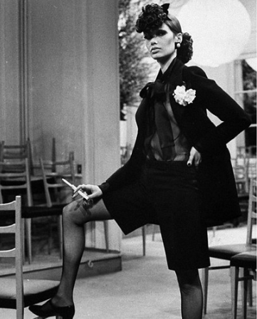 Photo of Yves Saint Laurent Le Smoking Suit worn by model Danielle Sauvajeon, 1968