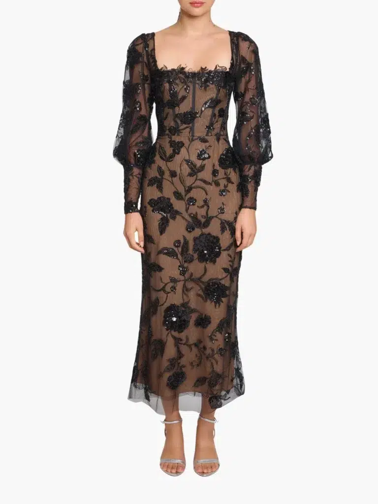 Marchesa Notte Illusion Murals Long Sleeve Corset Embellished Cocktail Maxi Dress