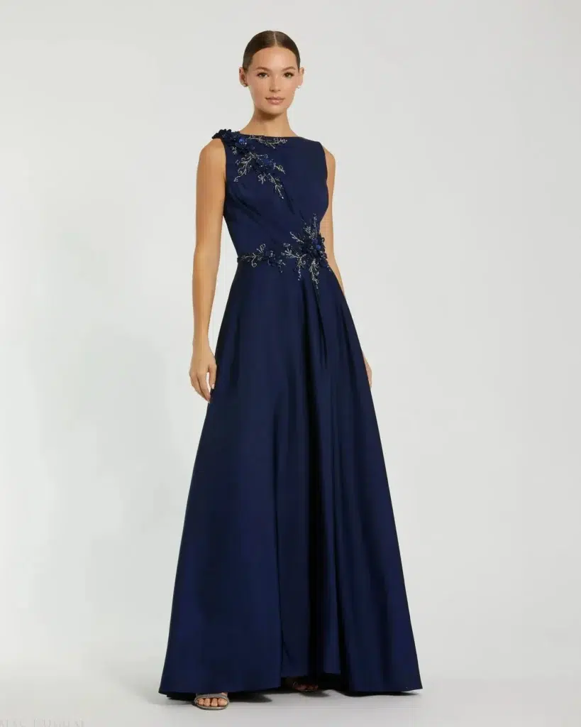 Midnight Floral Applique Sleeveless A Line Gown