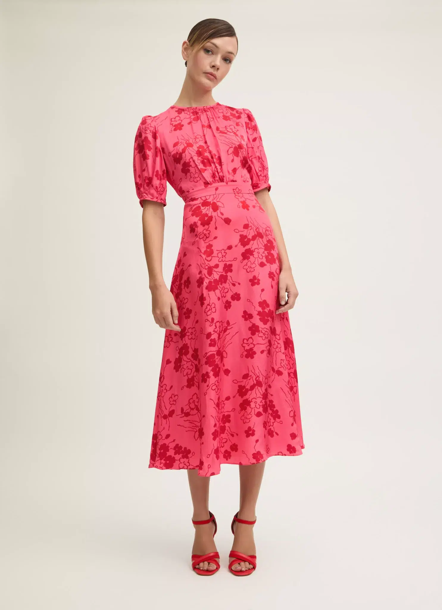 LK Bennett Jem Desert Rose & Rio Red Wildflower Tea Dress chelsea flower show outfit inspiration