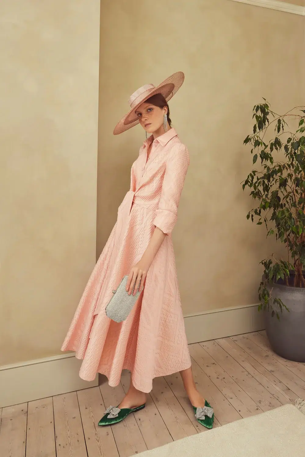 Susannah London Rimini Dress Blush Geometric Cloqué product photo chelsea flower show outfit inspiration