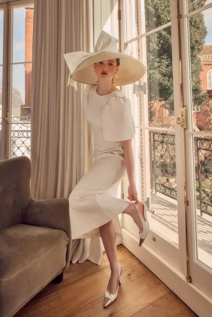 Annabel Bow Midi Dress Ribbon Tweed Cream by Susannah London royal ascot fashion