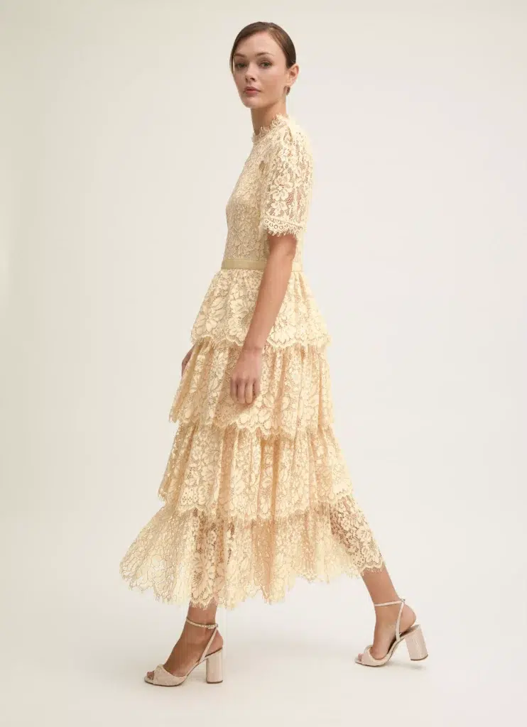 LK Bennett Cecily Champagne & Gold Lace Tiered Maxi Dress royal ascot dresses fashion
