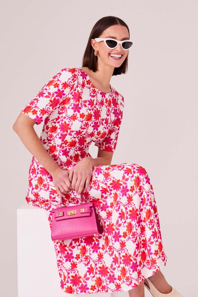 Longer Length, Fluid Silk Cloqué Dress in Pink/Orange Flower Print Lalage Beaumont royal ascot dresses