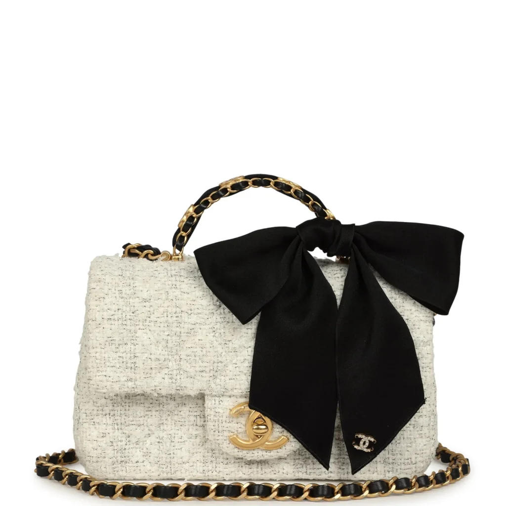 Chanel Mini CC Rectangular Flap Bag with Top Handle White Tweed Brushed Gold Hardware