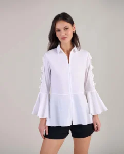 Anne Fontaine Coline Shirt White Poplin 3:4 Shirt With Mini Point Collar and Peplum Waist
