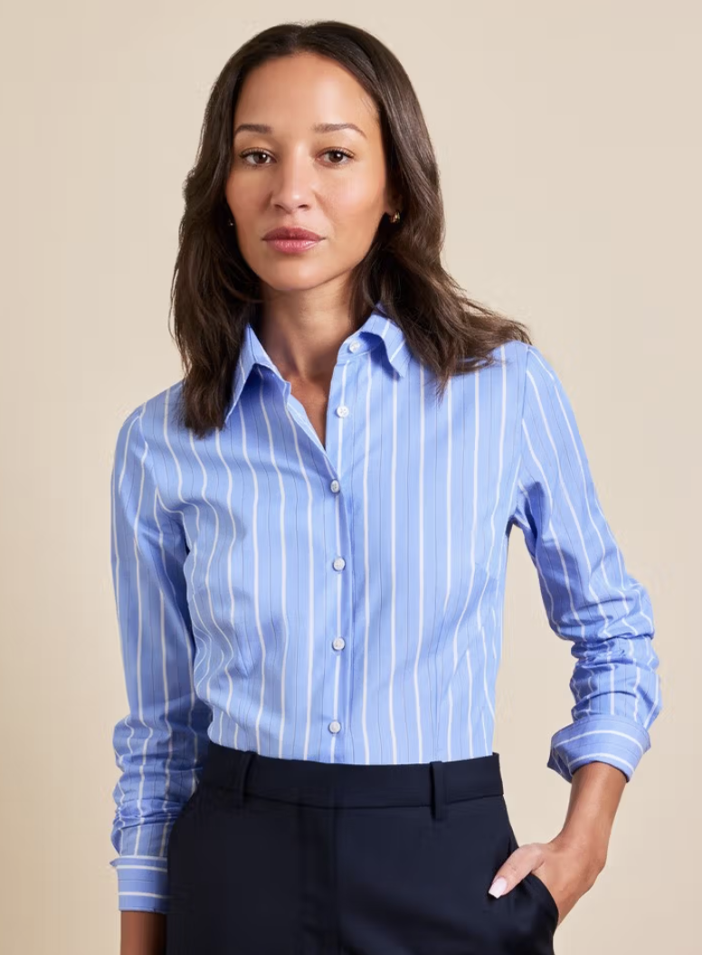 Hawes & Curtis Pure Cotton Fitted Blue and White Stripe Shirt Womens