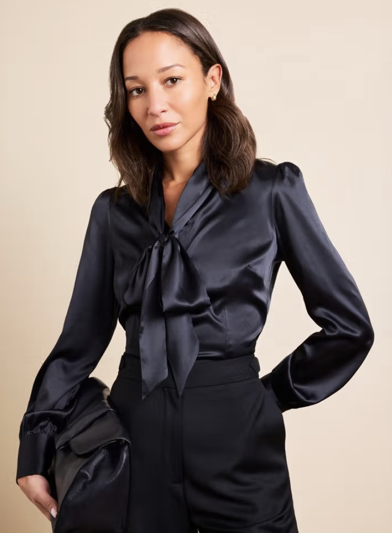 Hawes and Curtis Black Pussybow Satin Blouse Womens