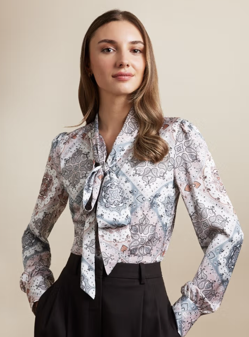 Hawes and Curtis Paisley Pussybow Satin Blouse Womens