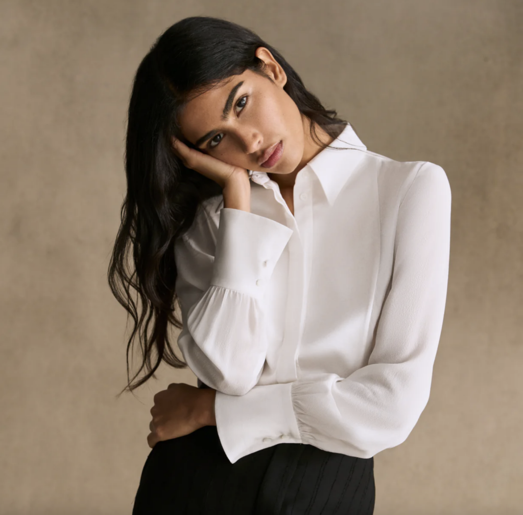 Knatchbull Tuxedo Shirt in Satin and Sandwashed Silk High Quality Blouse Women