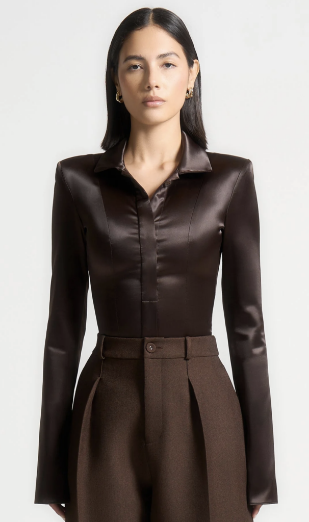 Maniere de Voir Wide Shoulder Satin Shirt Bodysuit in Brown